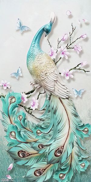 Tranh lụa 3D chim công xanh