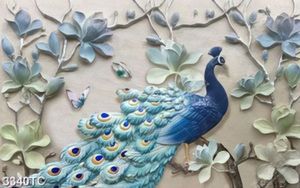 Tranh lụa 3D hoa và chim công