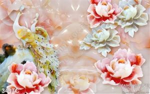 Tranh chim công hoa mẫu đơn giả ngọc wall 3d