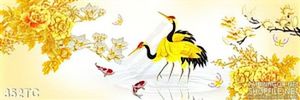 Tranh chim hạc và hoa mẫu đơn mạ vàng psd
