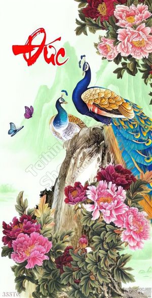 Tranh chim công đức khổ dọc psd 3d in uv