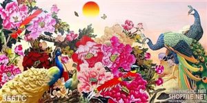 Tranh chim công hoa mẫu đơn khổ ngang đẹp