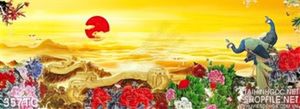 Tranh chim công núi non và mặt trời in uv psd