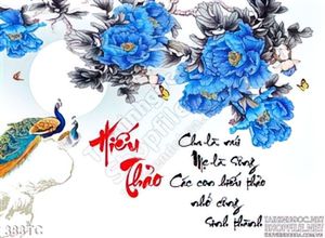 Tranh chim công hiếu thảo và hoa màu xanh wall 3d