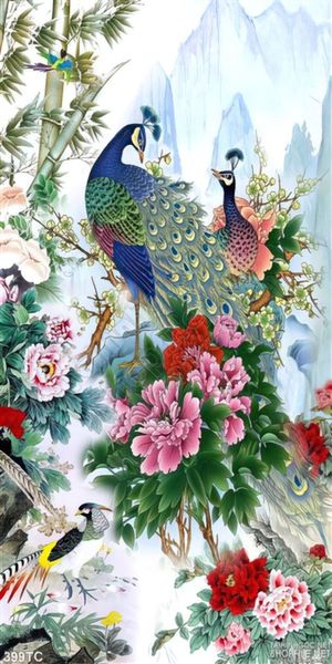 Tranh chim công vui đùa bên nhau và hoa mẫu đơn