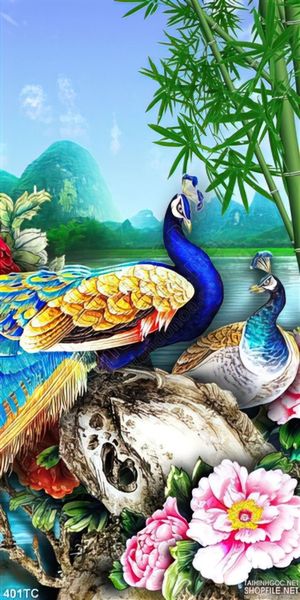 Tranh chim công và cây tre in uv