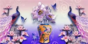 Tranh chim công 3d điêu khắc và bình hoa cổ