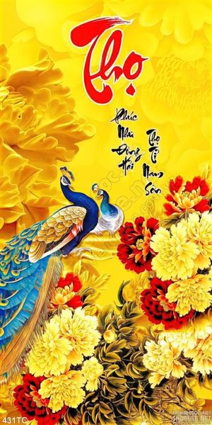 Tranh chim công thọ và hoa mẫu đơn