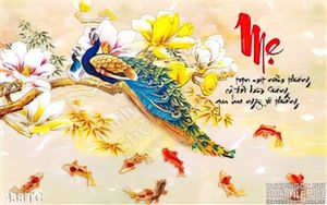 Tranh chim công mẹ  và cửu ngư giả ngọc 3d