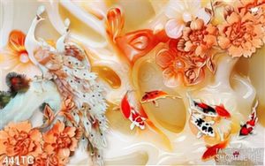 Tranh chim công 3d giả ngọc và cá koi