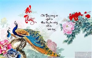 Tranh chim công ơn thầy và hoa mẫu đơn đẹp ấn tượng