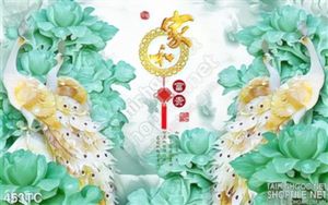 Tranh chim công 3d giả ngọc hoa mẫu đơn xanh