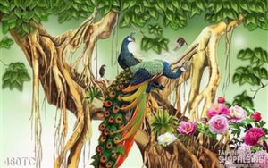 Tranh chim công 3d và hoa mẫu đơn