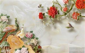 Tranh chim công 3d giả ngọc wall hoa hồng đỏ
