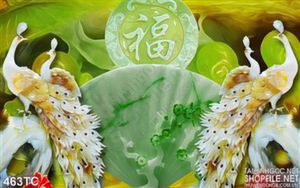 Tranh chim công màu trắng và quạt xanh lá