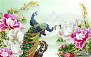 Tranh chim công hoa mẫu đơn màu hồng in uv