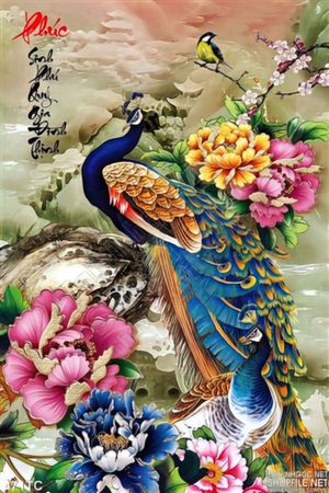 Tranh chim công phúc và hoa mẫu đơn đẹp lung ling