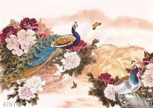 Tranh chim công sơn dầu hoa mẫu đơn