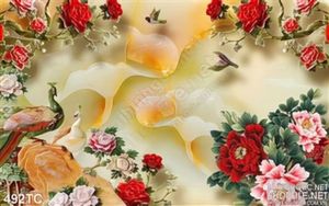 Tranh chim công hoa hồng và chú chim nhỏ