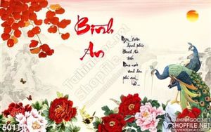 Tranh chim công bình an và hoa mẫu đơn