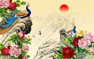 Tranh chim công mặt trời và hoa mẫu đơn đẹp