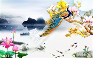 Tranh chim công thiên nga và hoa sen