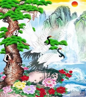 Tranh chim hạc đậu trên cành cây và thác nước in uv