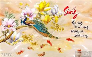 Tranh chim công chữ sống và đán cá chép 3d đẹp