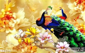 Tranh chim công đậu cành cây hoa mẫu đơn