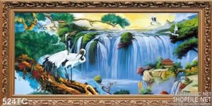 Tranh chim hạc và thác nước in uv đẹp