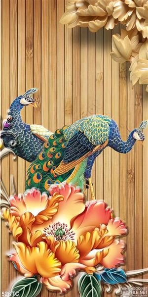 Tranh chim công điêu khắc và bông hoa mẫu đơn ấn tượng