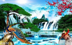 Tranh chim công thác nước và cây thông 3d