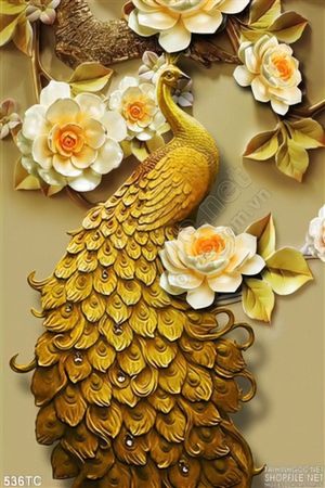 Tranh chim công màu vàng hoa sen trắng