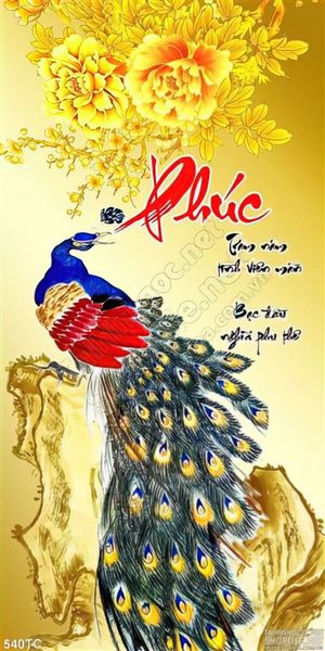 Tranh chim công phúc và hoa mẫu đơn mạ vàng đẹp