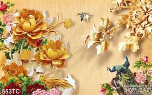 Tranh chim công hoa mẫu đơn bằng gỗ hấp dẫn