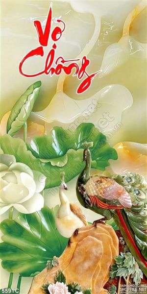 Tranh chim công vợ chồng giả ngọc hoa sen