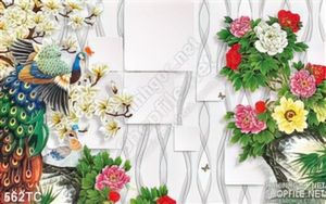 Tranh chim công 3d và bụi hoa mẫu đơn