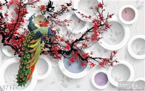 Tranh chim công 3d và cành hoa đào đỏ lớn
