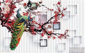 Tranh chim công cành hoa đào lớn ấn tượng