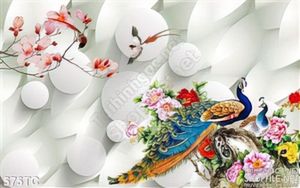Tranh chim công và cành hoa đào nhỏ nở đẹp 3d