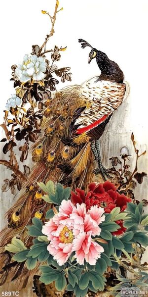 Tranh chim công màu xám và hoa mẫu đơn
