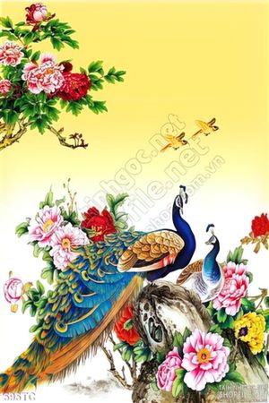 Tranh chim công hoa mẫu đơn và 2 chú chim nhỏ