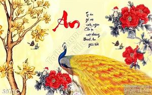 Tranh chim công chữ an và hoa màu đỏ