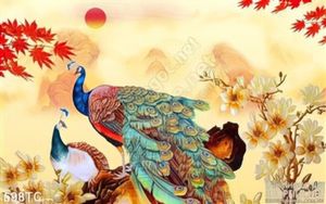 Tranh chim công ve vãn và mặt trời đỏ