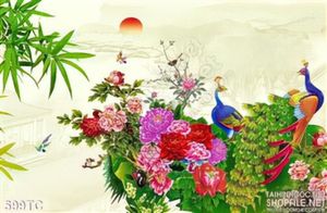Tranh chim công và những bông hoa mẫu đơn