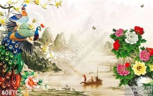 Tranh chim công và con thuyền nhỏ đẹp