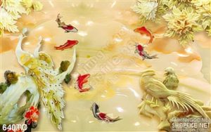 Tranh chim công giả ngọc  cá koi