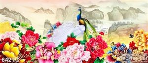 Tranh chim công và vườn hoa mẫu đơn 3d đẹp