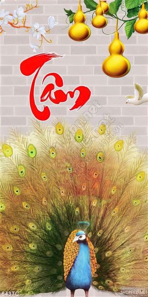 Tranh chim công xòe đuôi và chữ tâm