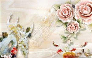 Tranh chim công và bông hoa giả ngọc màu hồng